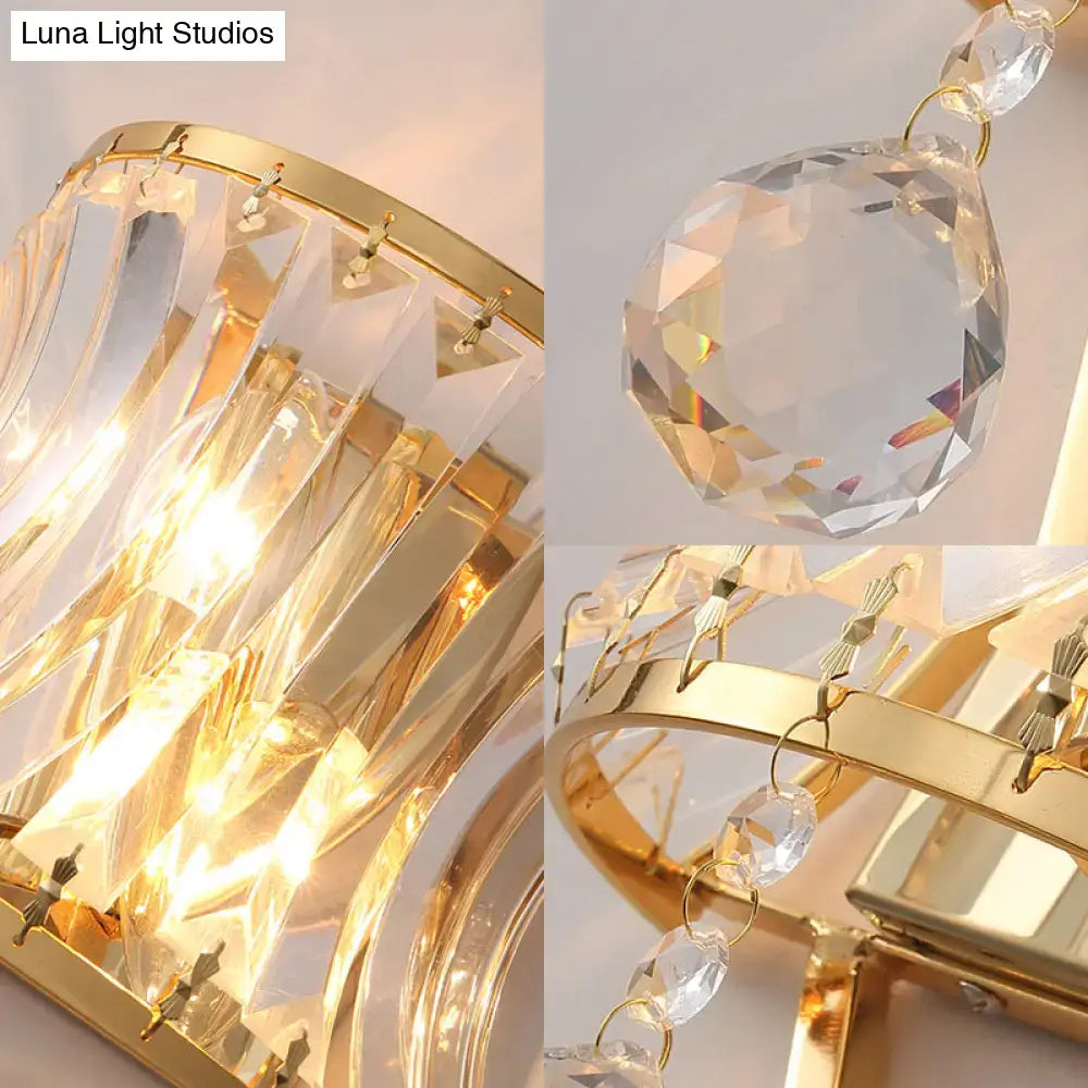 Modern gold curved wall light with clear crystal prism bedroom