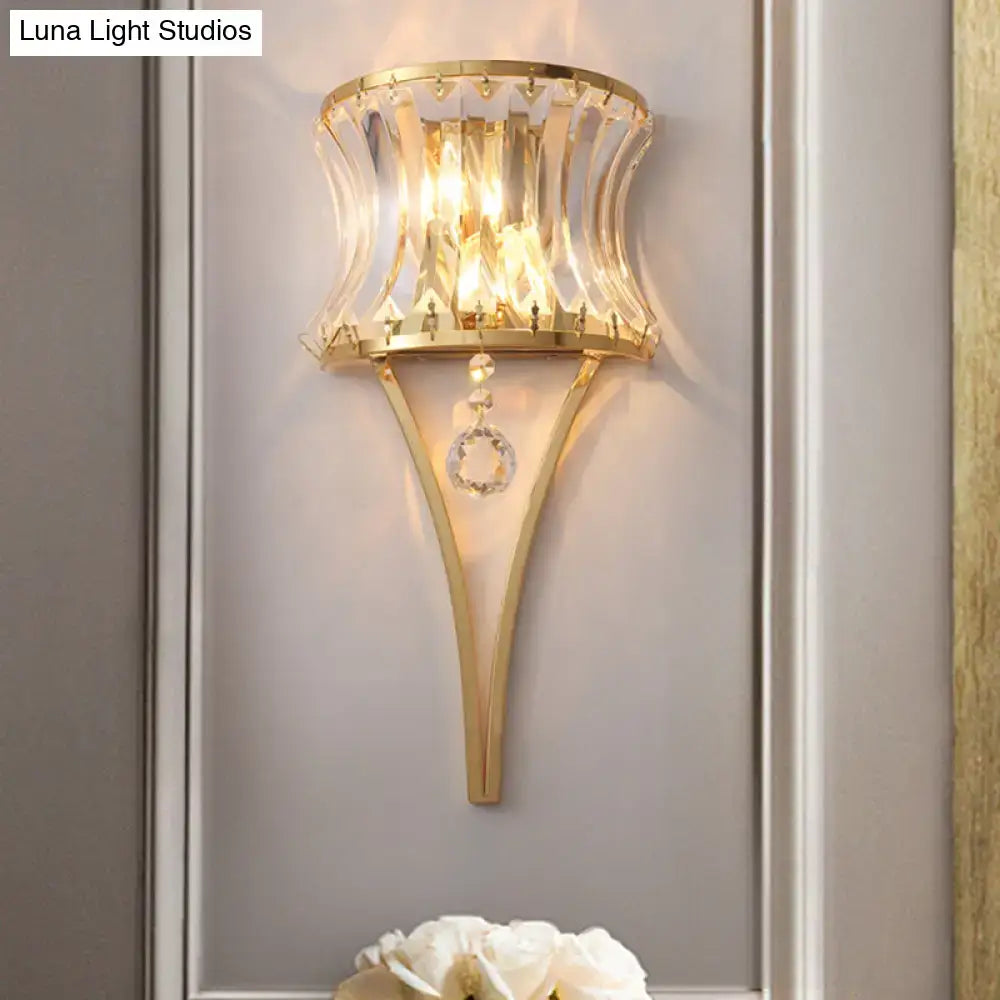 Modern gold curved wall light with clear crystal prism bedroom