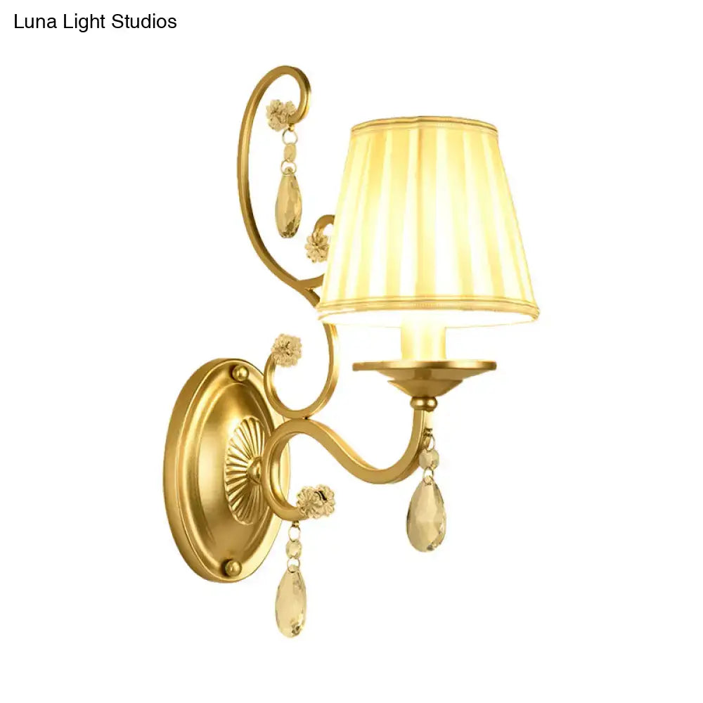 Modern gold fabric wall sconce with crystal accents bedroom light fixture