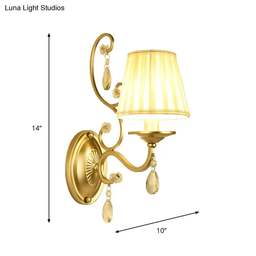 Modern gold fabric wall sconce with crystal accents bedroom light fixture