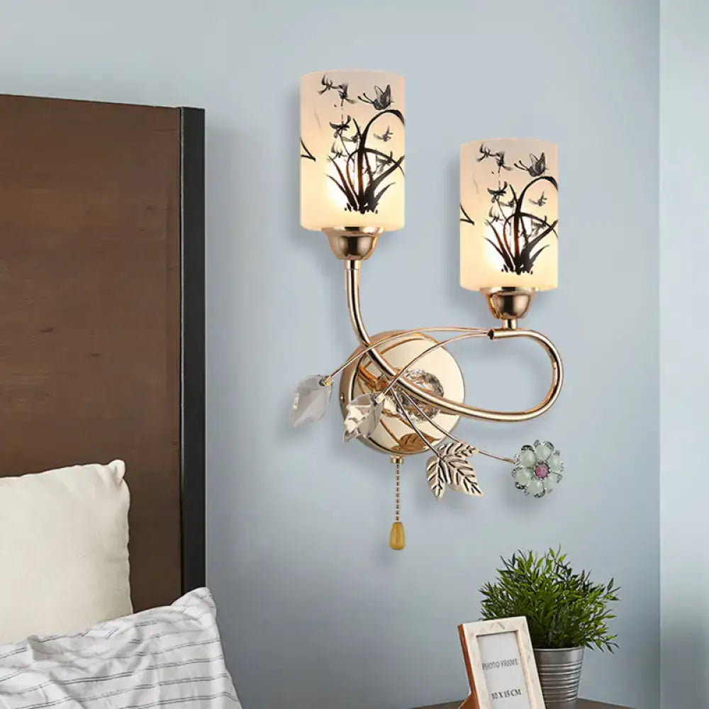 Modern gold floral 2 bulb wall lamp bedroom crystal glass 220v-240v