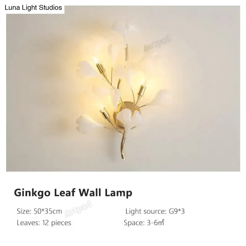Modern gold ginkgo leaf porcelain wall sconce bedroom light