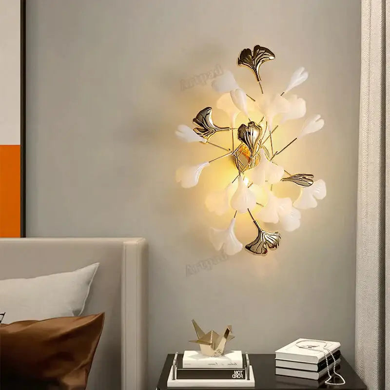 Modern gold ginkgo leaf porcelain wall sconce bedroom light