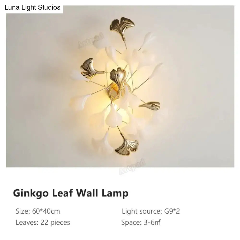 Modern gold ginkgo leaf porcelain wall sconce bedroom light