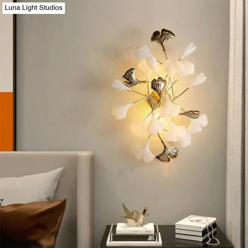 Modern gold ginkgo leaf porcelain wall sconce bedroom light
