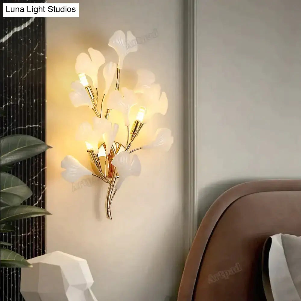 Modern gold ginkgo leaf porcelain wall sconce bedroom light