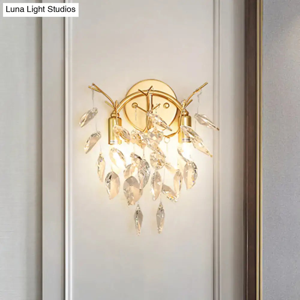 Modern gold leaf wall lamp with beveled crystal for living room