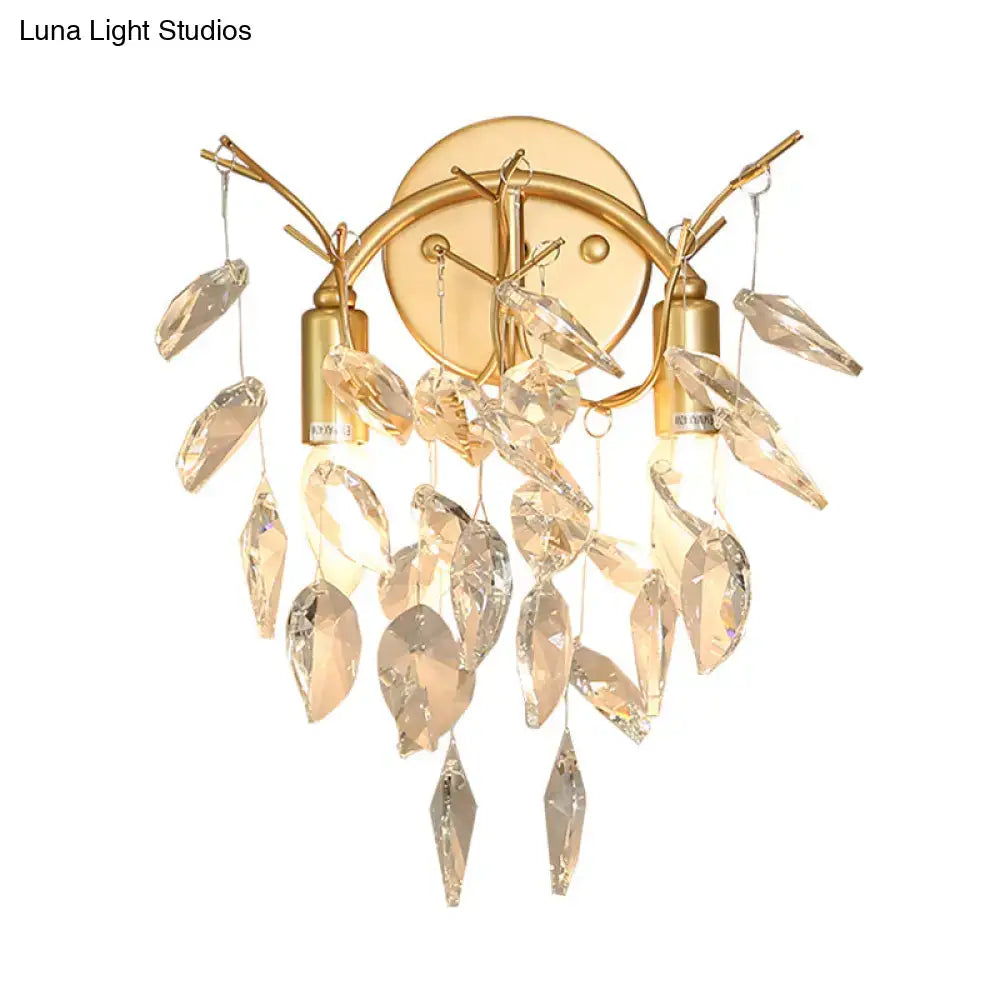 Modern gold leaf wall lamp with beveled crystal for living room