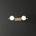 Modern gold linear wall sconce with two spherical milky ball glass globes for bathroom lighting