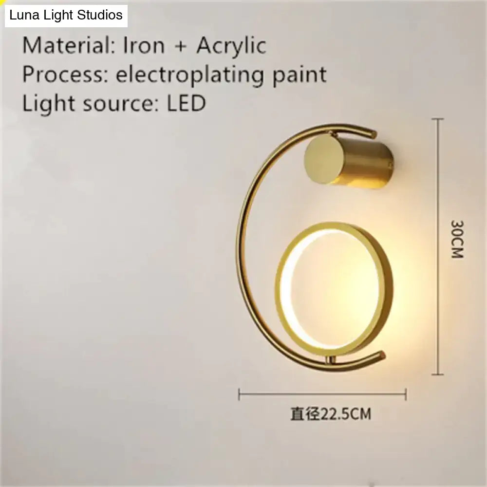 Modern gold luxury creative led c-shaped bedside wall sconce with circular light and iron-acrylic construction