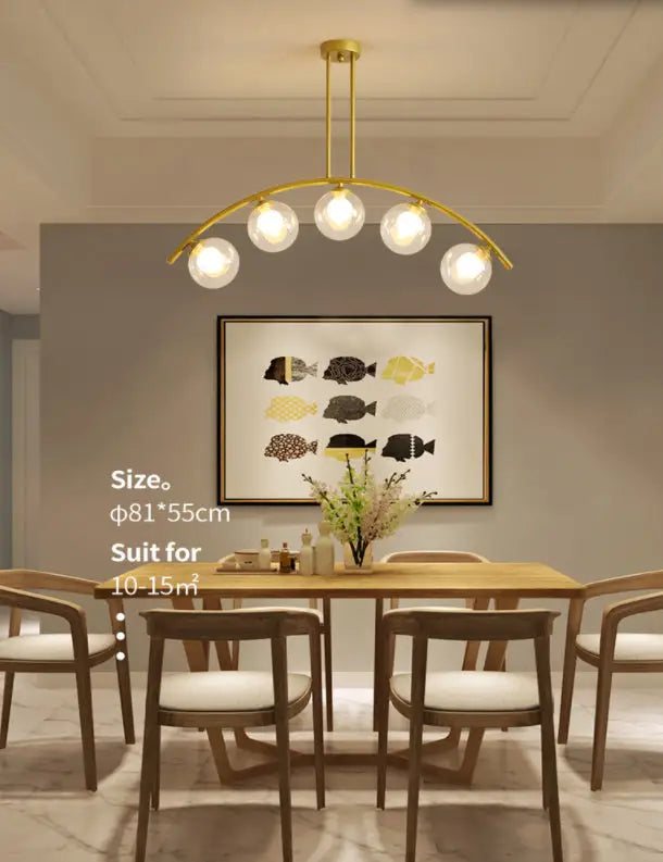 Modern gold metal arched ceiling light for dining room with 6 bulbs