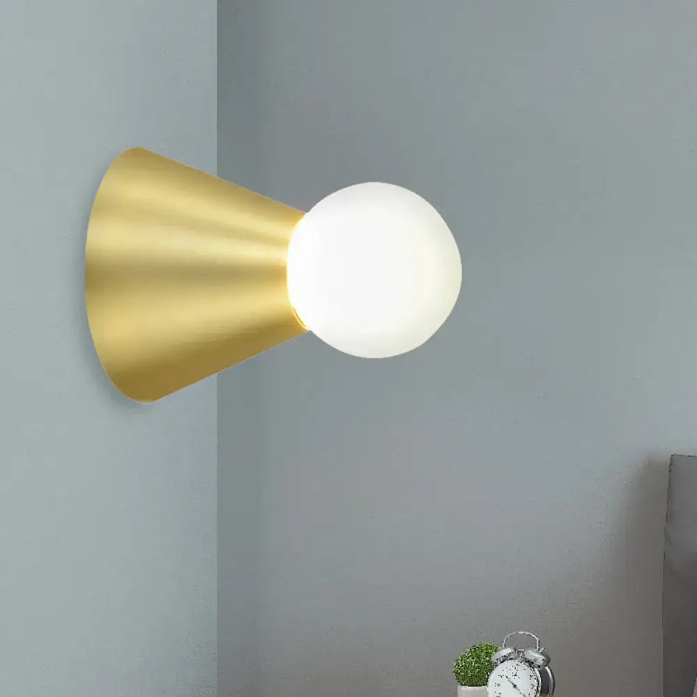 Modern gold metal conical sconce wall light bedroom frosted globe