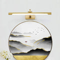 Modern gold mountain landscape wall art with acrylic shade features gold frame, black white design, and fixture width details