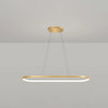 Modern gold oblong pendant light fixture with integrated led lighting and adjustable chain cord length in warm white color