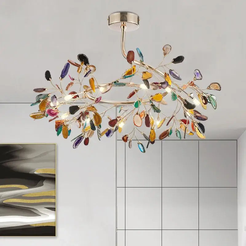 Modern gold pendant chandelier with colorful agate for dining room