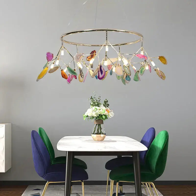 Modern gold pendant chandelier with colorful agate for dining room