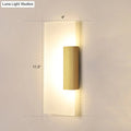 Modern gold rectangular acrylic wall sconce with frosted glass diffuser brushed brass accents bulb included for hallway use