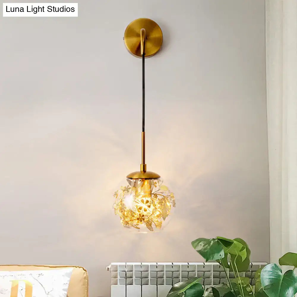 Modern gold shattered leaf clear glass globe sconce bedroom light fixture