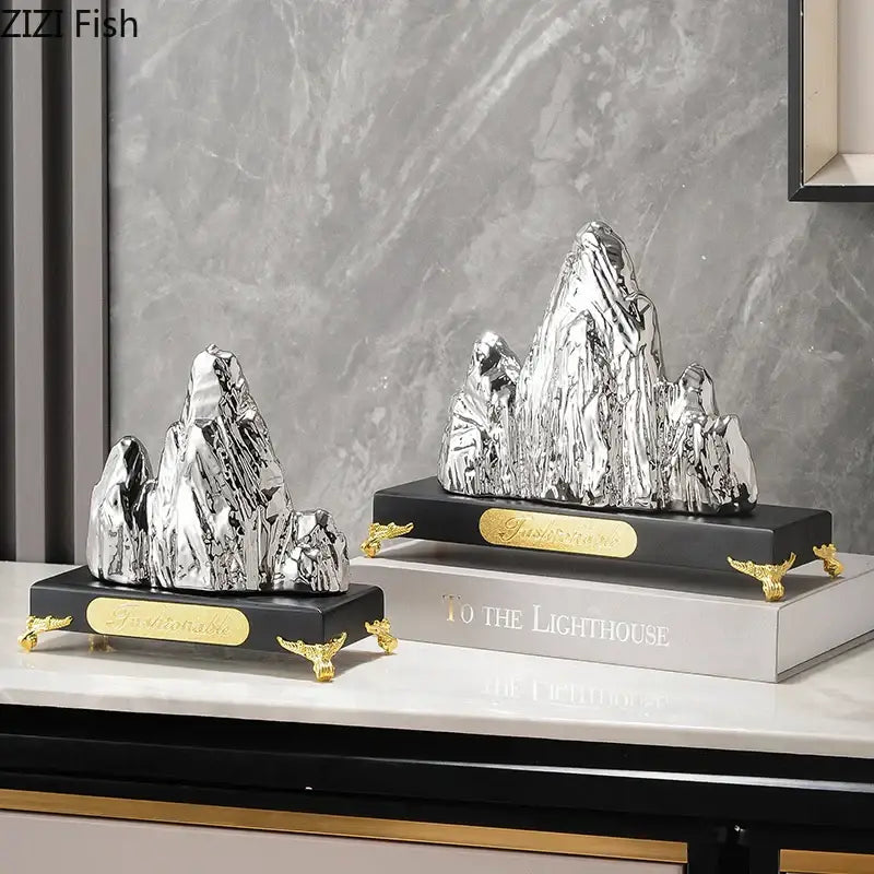 Modern gold & silver ceramic mountain sculpture living room decor