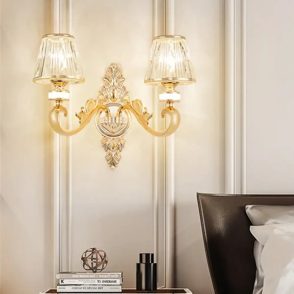Modern gold wall lamp fixture with crystal cone shade bedroom sconce