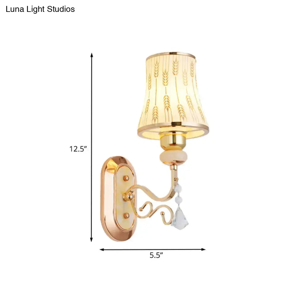 Modern gold wall lamp with arc wheat patterned glass bedroom sconce