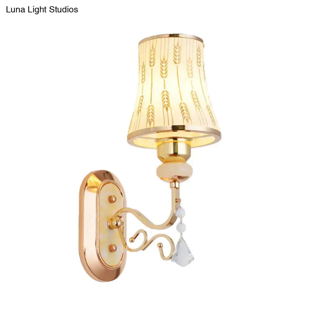 Modern gold wall lamp with arc wheat patterned glass bedroom sconce