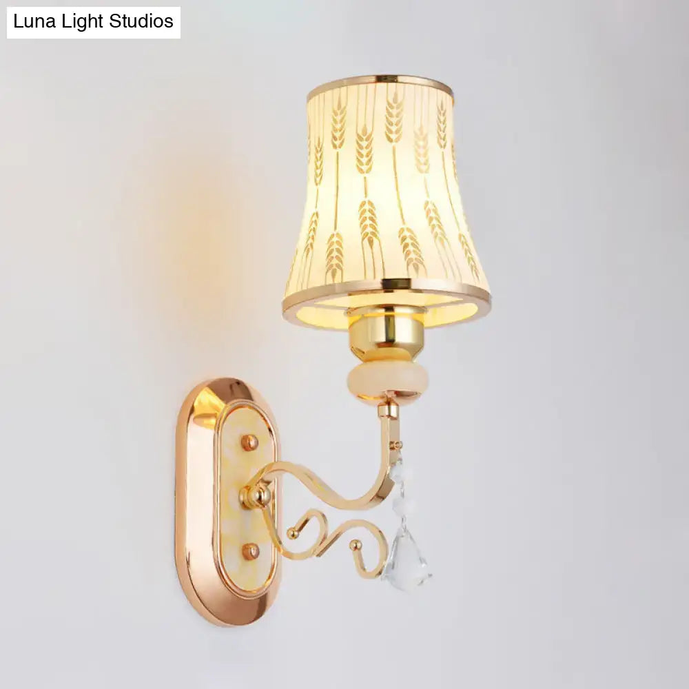 Modern gold wall lamp with arc wheat patterned glass bedroom sconce