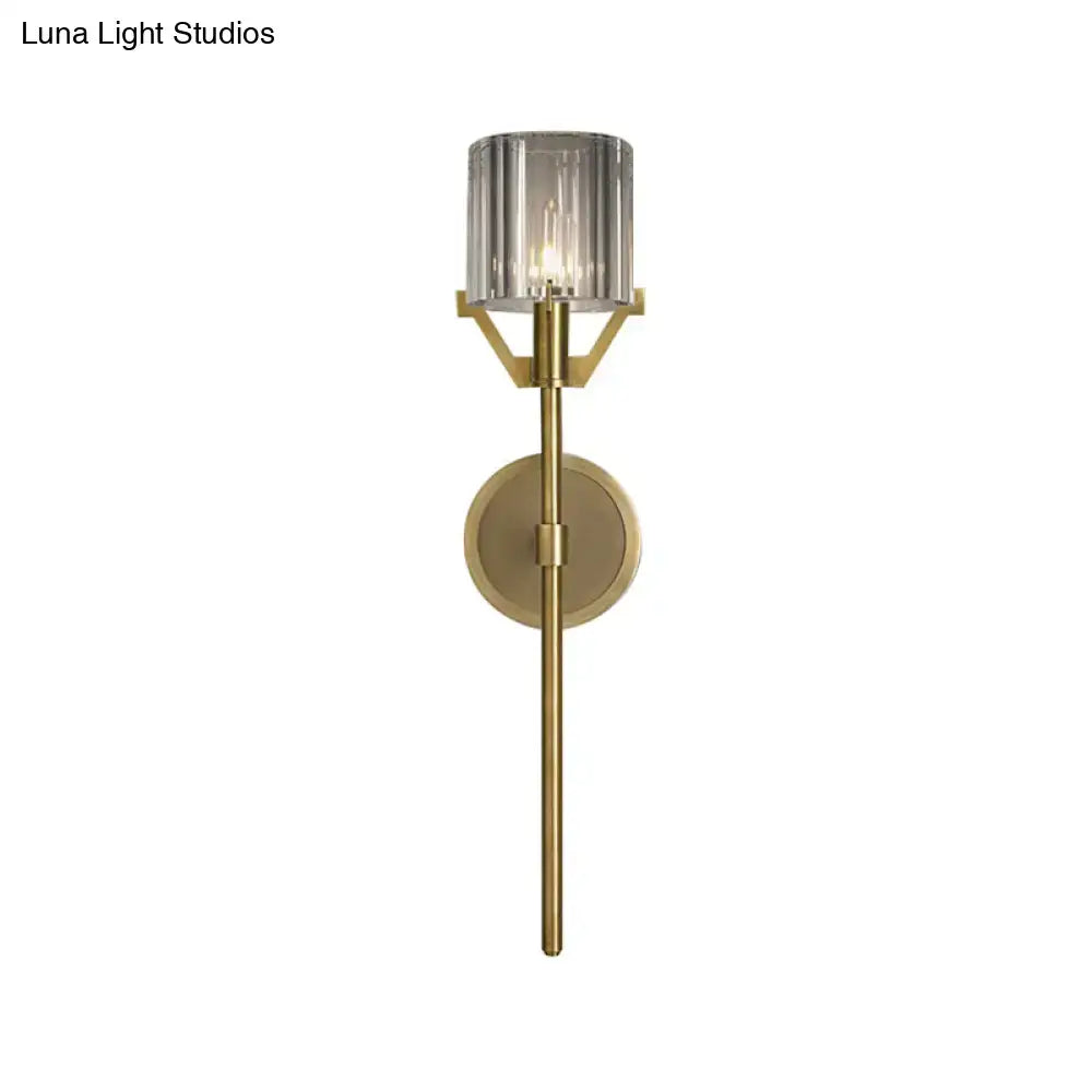 Modern gold wall light with clear crystal block cylinder bedroom