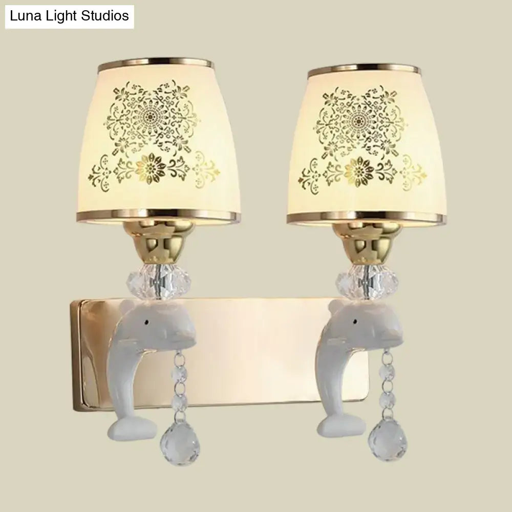 Modern gold & white dolphin wall sconce bedroom opal glass shade