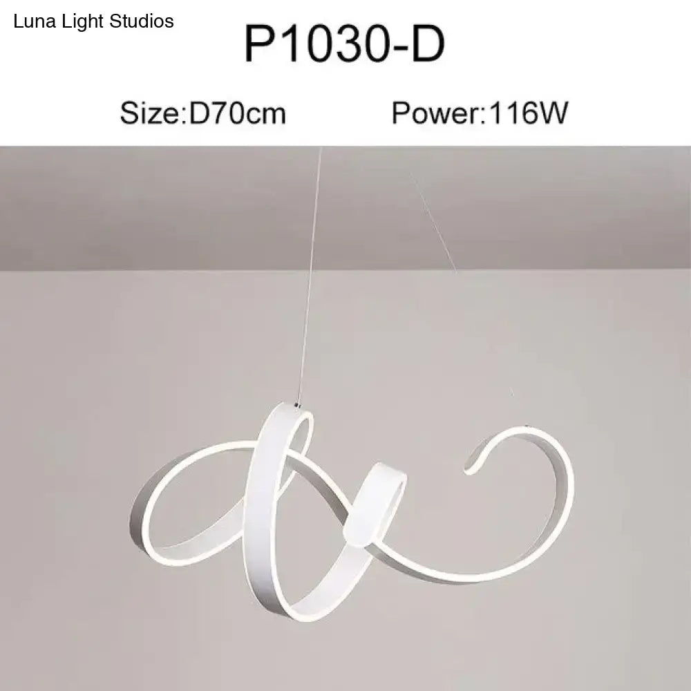 White modern led pendant lights with sleek flowing spiral design for dining room use in gold and white finish