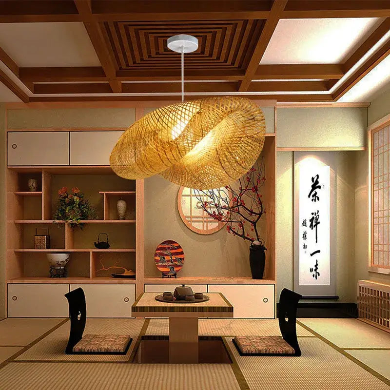 Modern golden bamboo woven chandelier tea room pendant light