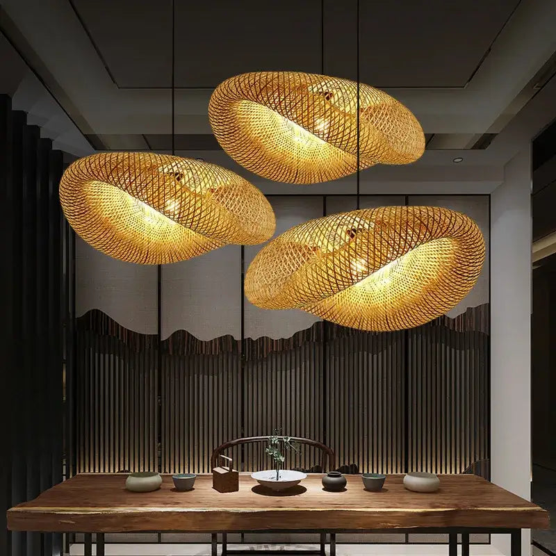 Modern golden bamboo woven chandelier tea room pendant light