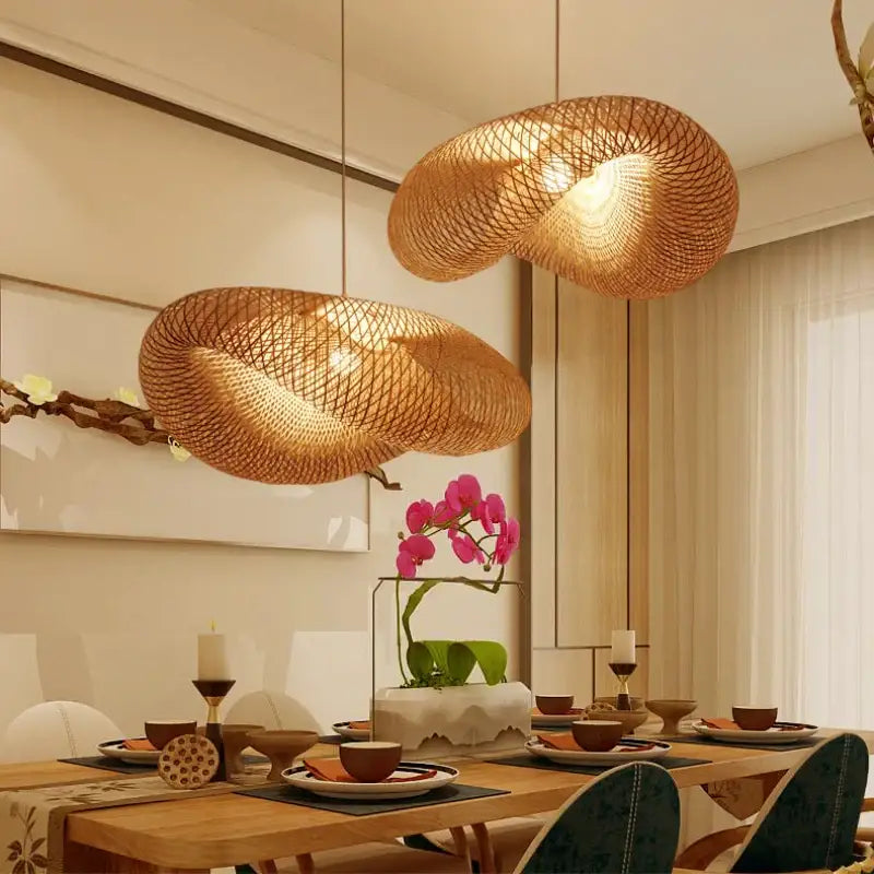 Modern golden bamboo woven chandelier tea room pendant light