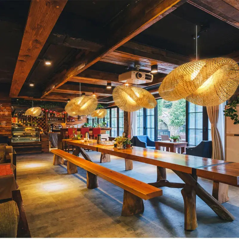 Modern golden bamboo woven chandelier tea room pendant light