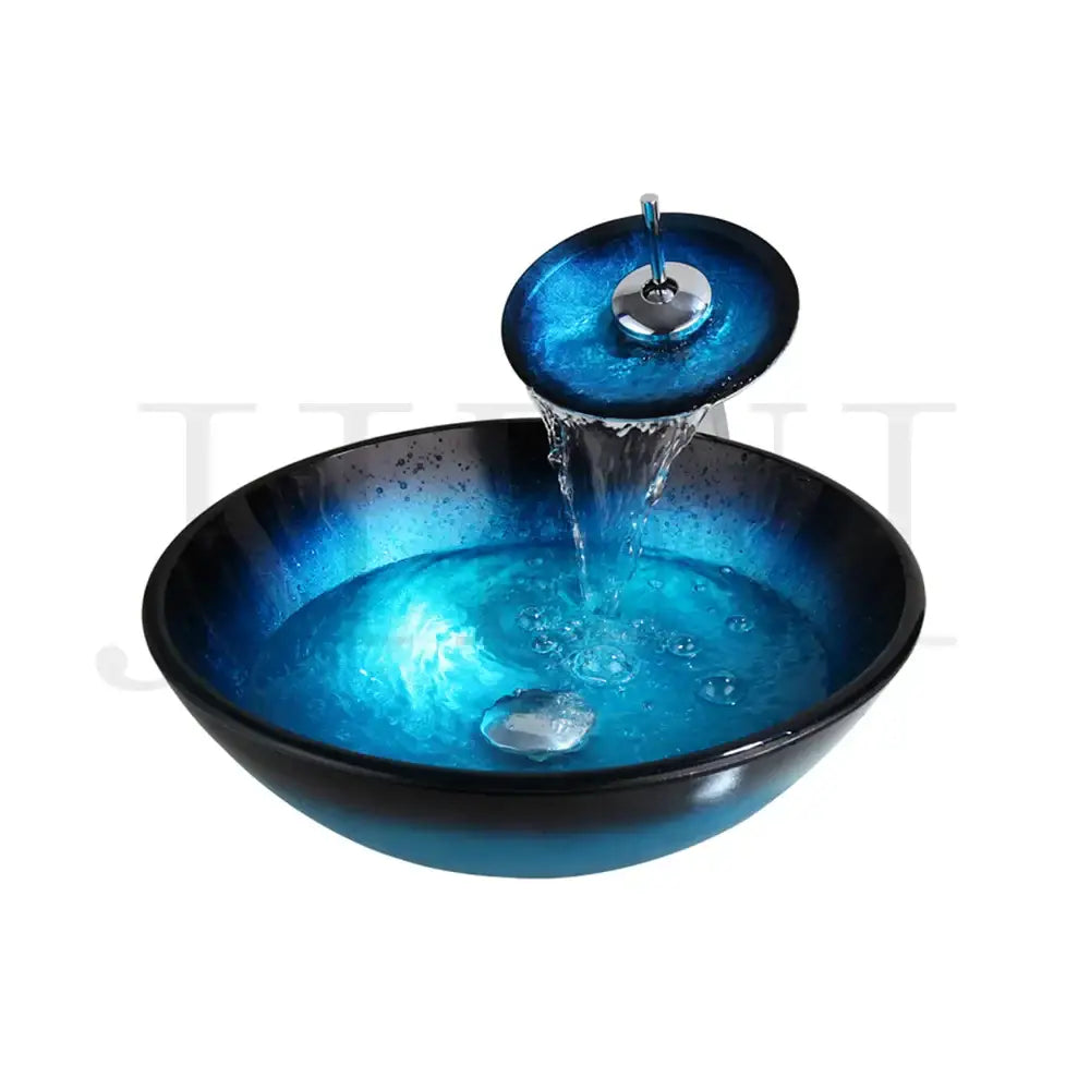 Modern gradient blue glass sink set bathroom vessel sink