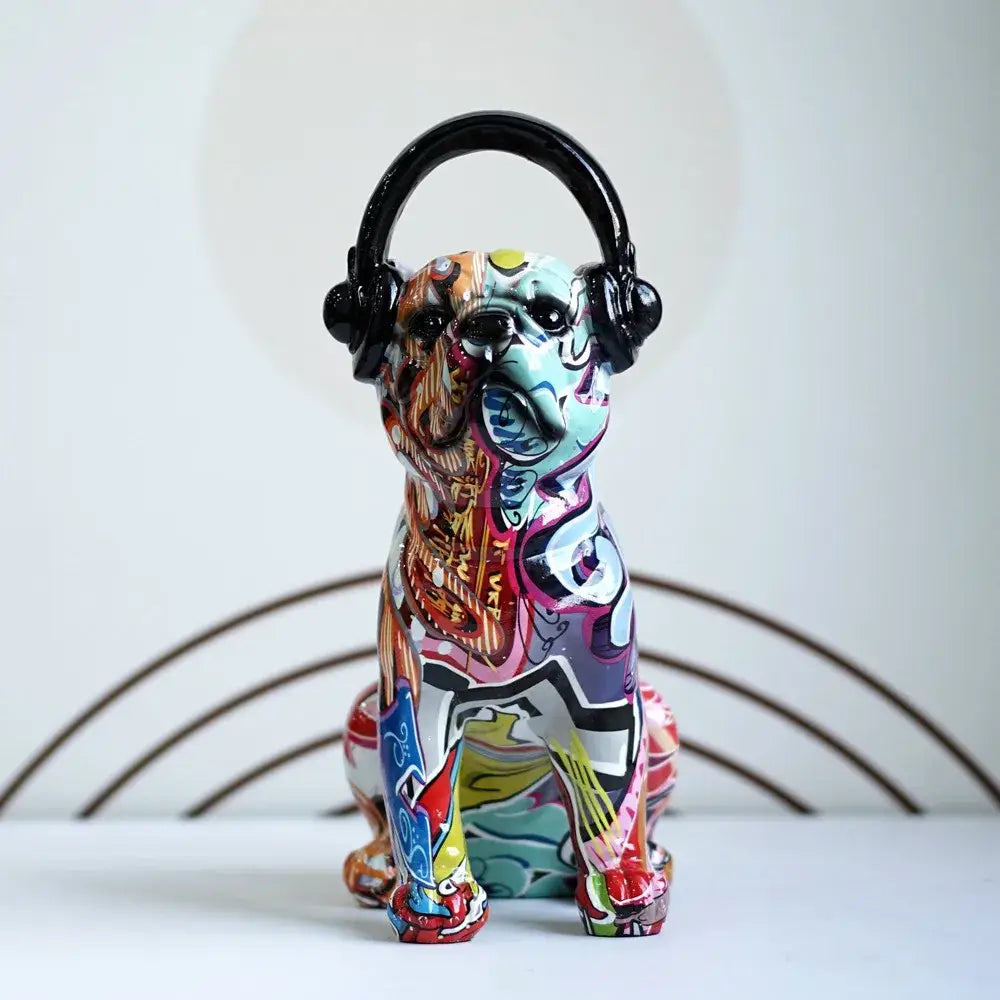 Modern graffiti bulldog sculptures with headphones living room decor