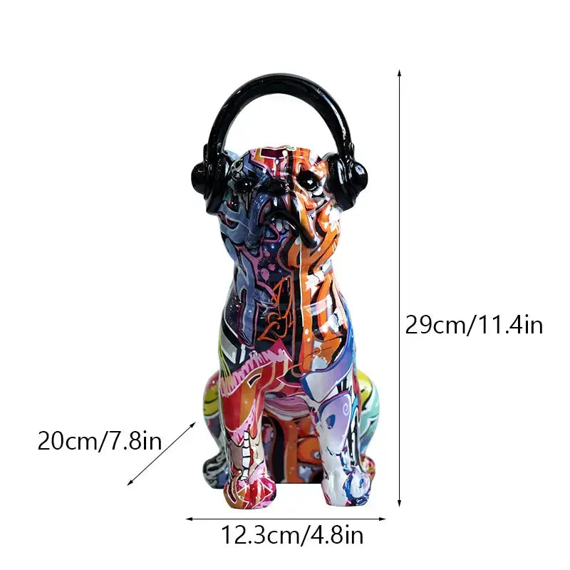 Modern graffiti bulldog sculptures with headphones living room decor