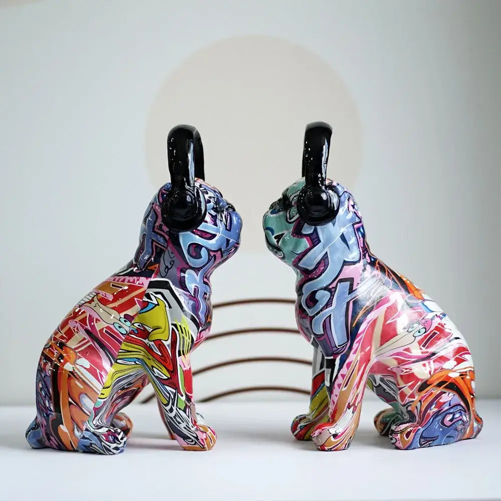 Modern graffiti bulldog sculptures with headphones living room decor