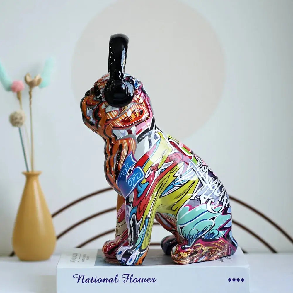 Modern graffiti bulldog sculptures with headphones living room decor