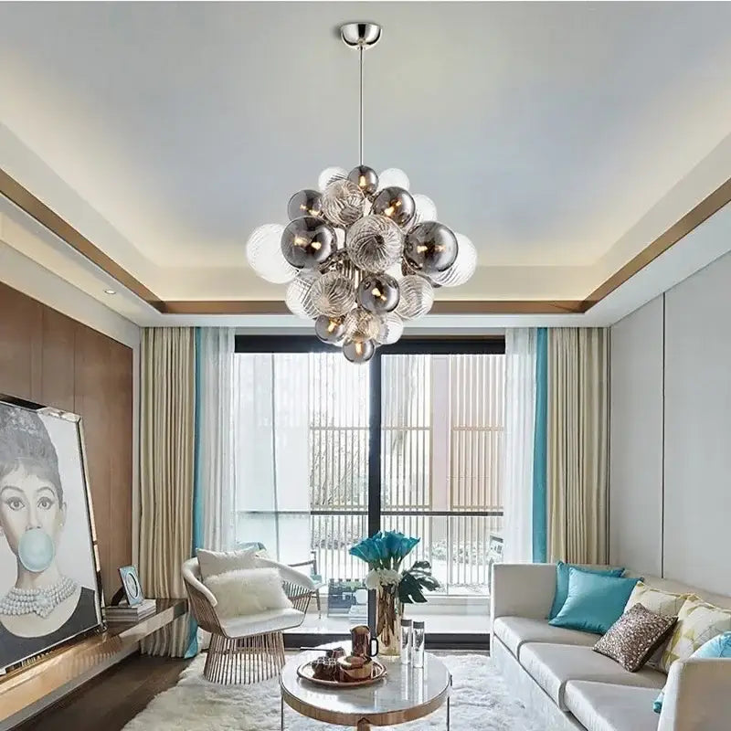 Modern gray & clear bubble glass ceiling chandelier living room