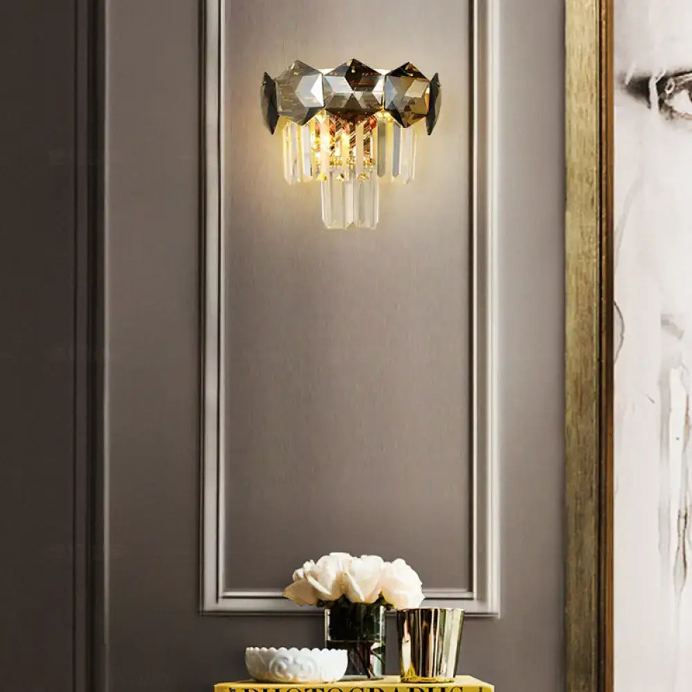 Modern gray & gold faceted crystal wall light fixture for restaurants