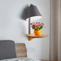 Modern gray tapered shade wall sconce with wooden shelf bedroom light