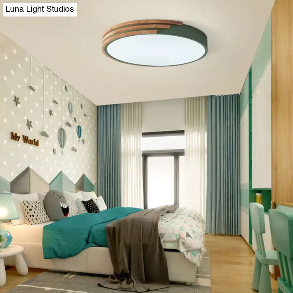 Modern green and wood round flush mount ceiling light bedroom