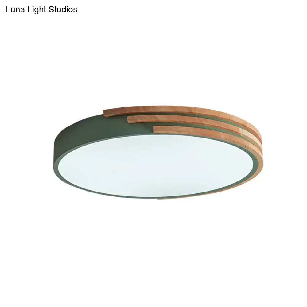 Modern green and wood round flush mount ceiling light bedroom