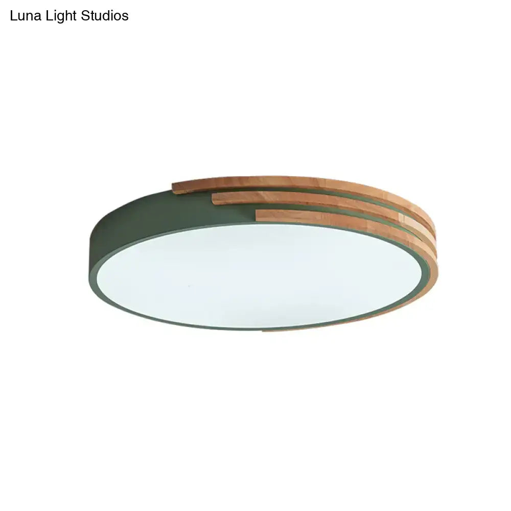 Modern green and wood round flush mount ceiling light bedroom