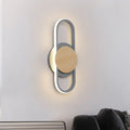 Modern grey and light wood led wall sconce with a sleek circular design featuring an illuminated bedroom ring light