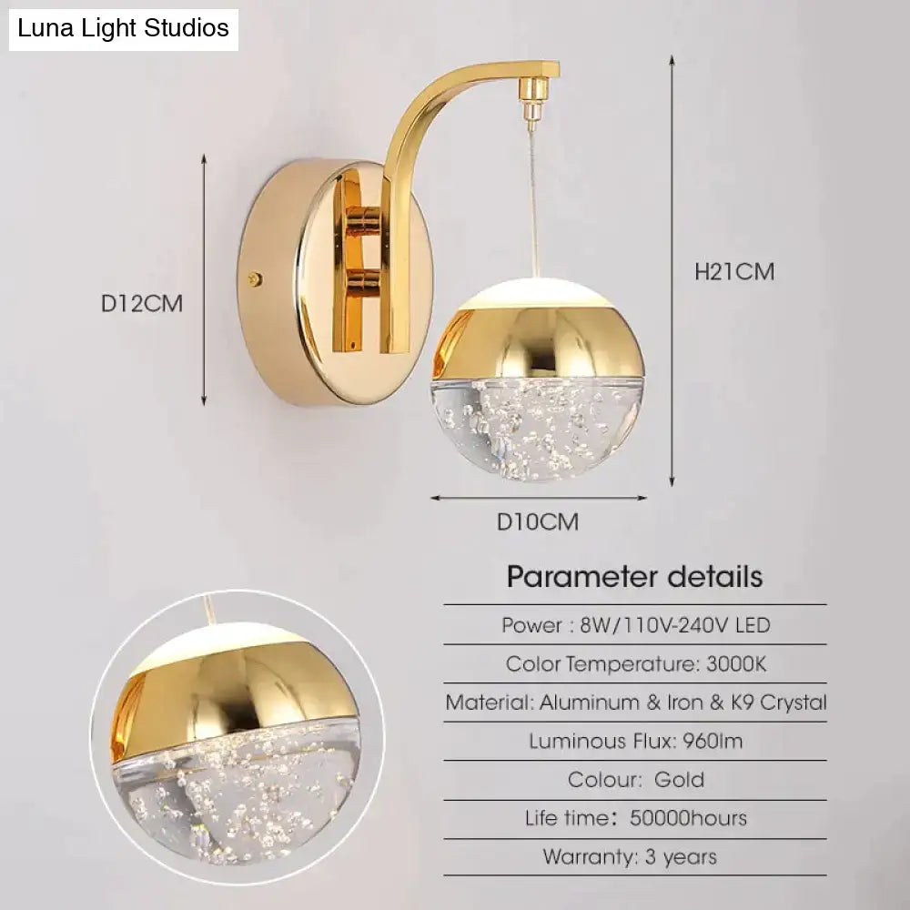 Modern luxurious crystal led wall sconce gold curved lamp for bedroom