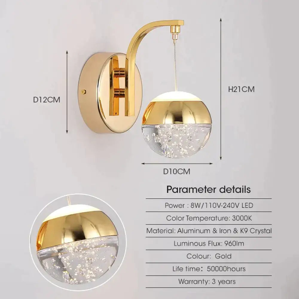 Modern luxurious crystal led wall sconce gold curved lamp for bedroom