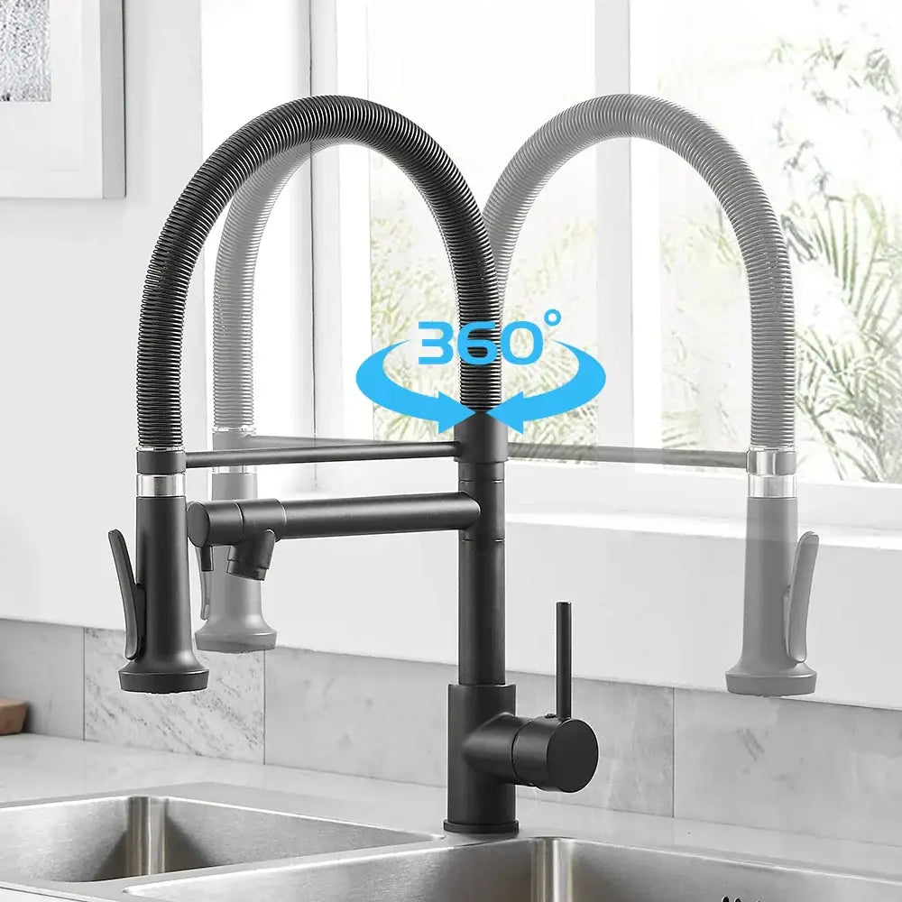 Modern matte black and brushed nickel spring kitchen faucet