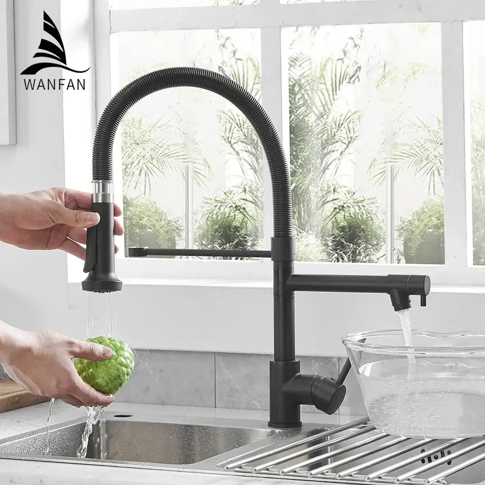 Modern matte black and brushed nickel spring kitchen faucet